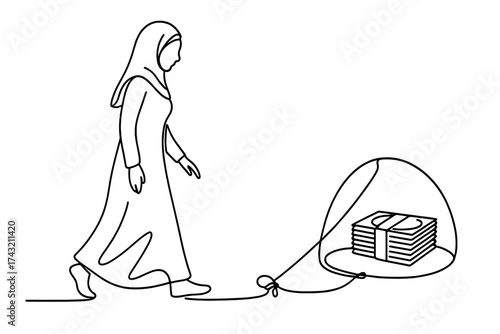 Woman in modest clothing pulling a bag filled with stacked money while walking on a plain background