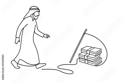 Person walking toward a stack of cash in traditional attire near a fishing rod on the ground