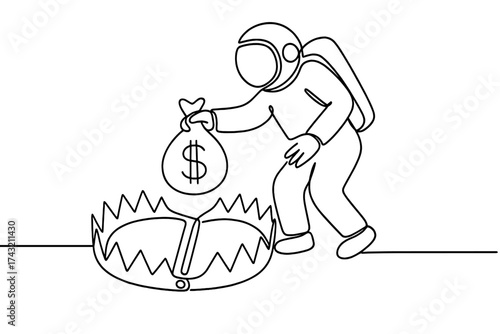 Astronaut approaches bear trap while carrying a bag of money in a whimsical illustration