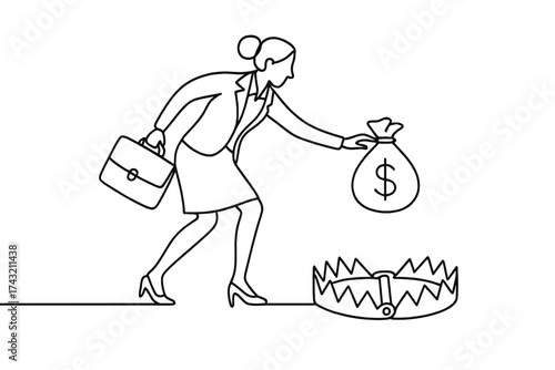 Businesswoman cautiously approaches a money bag while avoiding a bear trap in a humorous scene