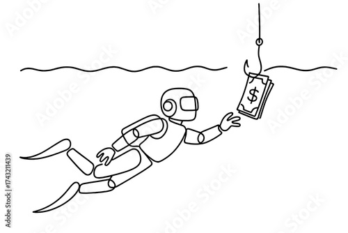 Robot diver reaches for money hanging from a fishing hook in underwater scene near ocean surface
