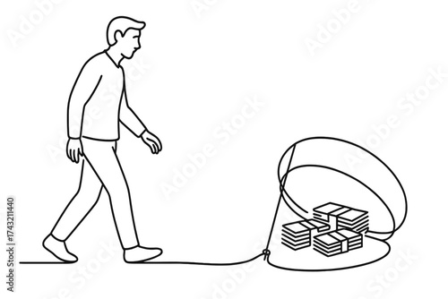 Man approaches money trap, unaware of the hidden danger while walking on a plain background