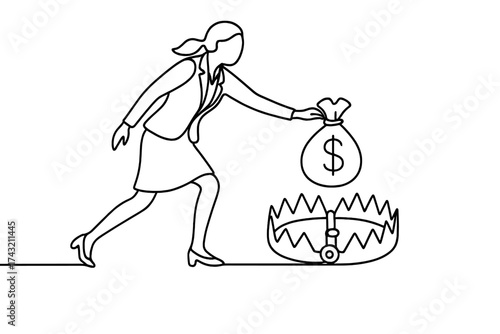 Businesswoman navigating potential traps while handling money in a risky situation during a strategic decision-making moment