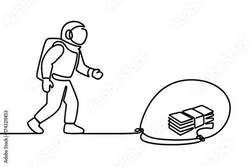 Astronaut approaches a trap with stacks of money in a minimalist drawing style