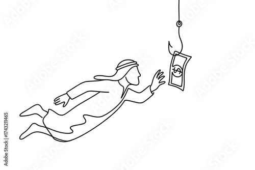 Person reaching for a dollar bill while diving underwater in a simplistic black line drawing style