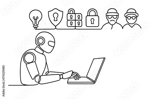 Robot working on a laptop with cybersecurity symbols and figures illustrating online privacy concerns