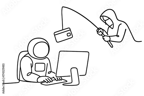 Astronaut working on computer while cybercriminal attempts to fish for card information in outer space