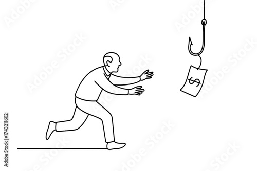 Man running towards a fishing hook with a dollar bill attached, symbolizing the lure of money and temptation in a simple scene