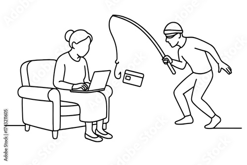 Woman working on laptop unaware of sneaky thief attempting to steal credit card