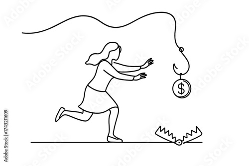 Woman running towards dollar sign dangling from hook while avoiding a trap on the ground