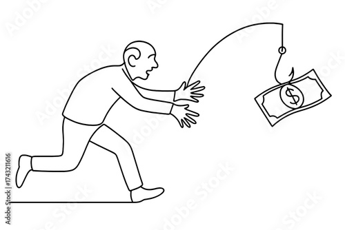 Person chasing dollar bill on a fishing line in a simple illustration representing financial temptation or greed