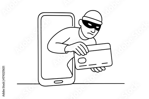 Cyber crime illustration showing a thief stealing credit card information from a smartphone
