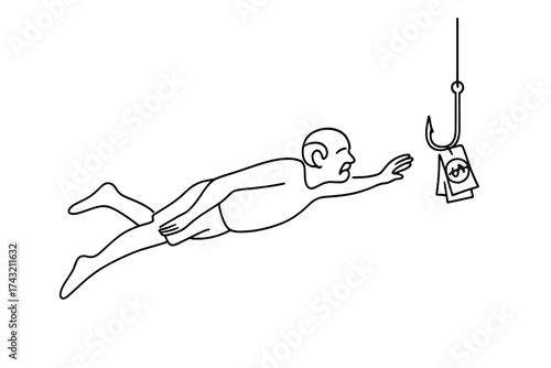 Swimming man reaching for a baited hook in a simple line drawing style