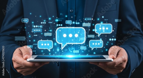 Digital communication bubbles connect globally on tablet