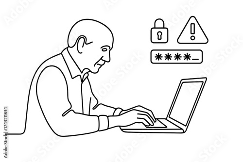 Elderly man using laptop while entering password in a secure online environment at home