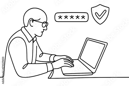 Man using laptop securely to enter password at home office during daytime