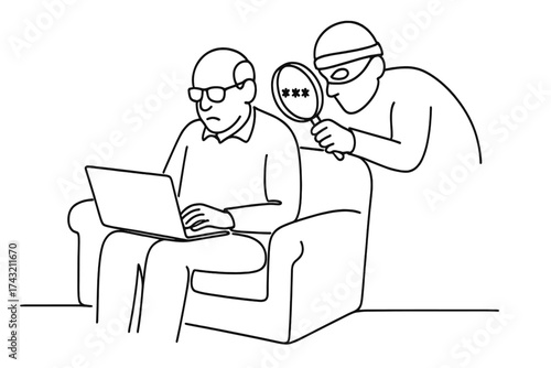 Elderly man works on laptop while intruder watches closely, showcasing digital security risks at home