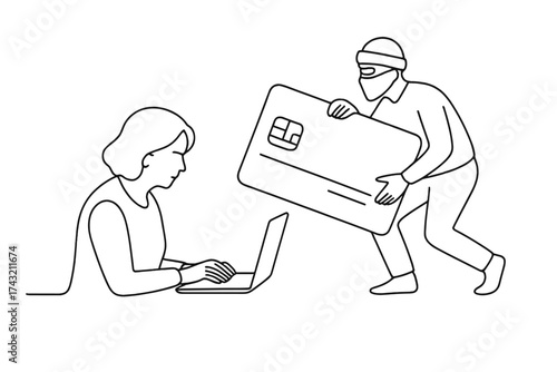Cyber theft scenario with a hacker stealing a credit card from an online user in a home office setting