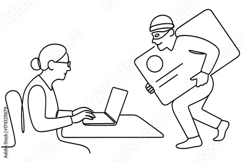 Person using laptop while someone sneaks away with a stolen credit card in a simple line drawing