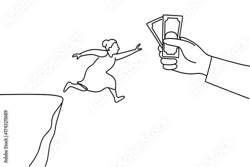 Woman leaping from cliff towards hand with money in a bold representation of risk and reward