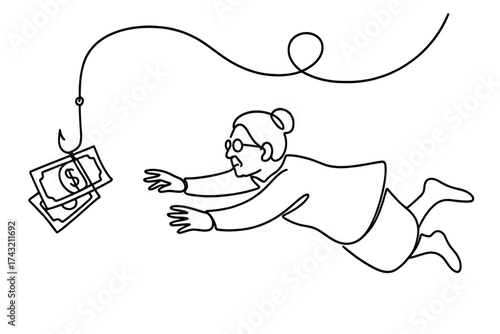 Elderly woman reaching for money on a fishing hook in a simple line drawing
