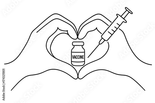 Hands forming a heart shape around a vaccine vial with a syringe, symbolizing hope and health during a health campaign