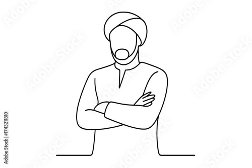 Man in traditional attire standing with arms crossed, expressing calm confidence and respect