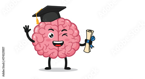 Cartoon brain character wearing graduation cap and holding diploma.