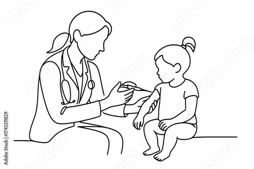 Healthcare professional administers vaccine to young child during medical visit for routine checkup