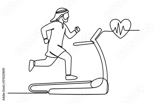 Running on a treadmill to improve fitness and monitor heart rate in a simple line drawing style