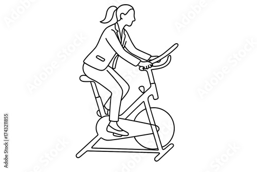 Woman exercising on stationary bike in business attire showing fitness in a professional environment