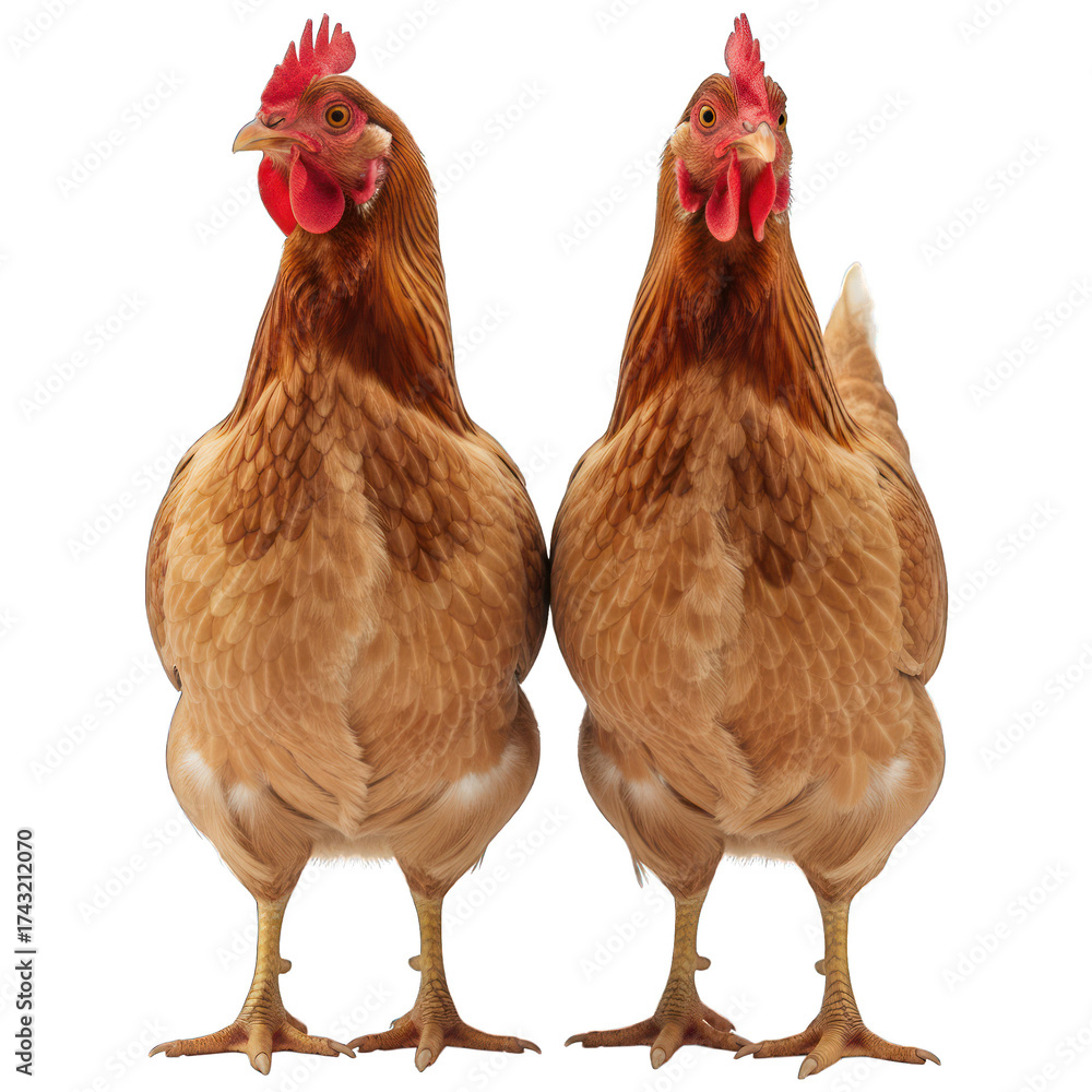 Naklejka premium Two brown hens stand side-by-side, facing forward with vibrant red combs and wattles