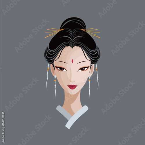 A young woman displays traditional beauty with an elaborate hairstyle adorned with gold accents and jewelry. She has striking features and a serene expression.