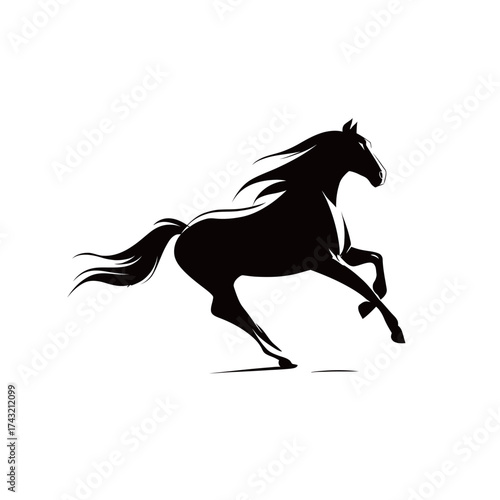A black horse is galloping in an open area, showcasing its power and elegance. The horses mane flows beautifully as it runs, embodying freedom and vitality.