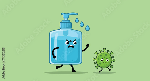 Cartoon hand sanitizer bottle chasing a virus character with angry expressions.