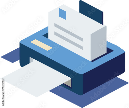 Modern isometric vector illustration of a blue printer with document output