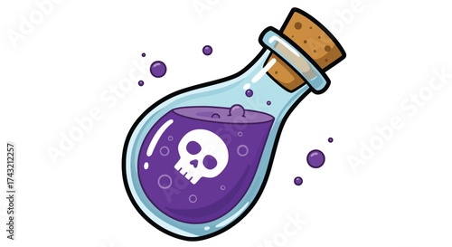 Cartoon illustration of a glass bottle filled with purple liquid and a skull symbol.
