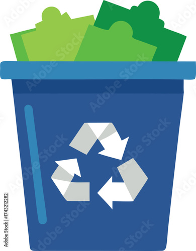 Vector illustration of blue recycling bin filled with green recyclable materials eps