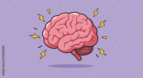Cartoon Illustration of a Pink Human Brain with Yellow Lightning Bolts.