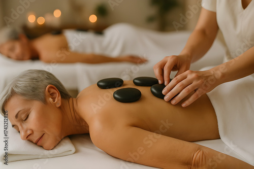 Serene spa experience featuring mature women receiving relaxing hot stone massages to promote wellness and rejuvenation.