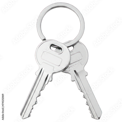 Two silver keys on a ring, positioned against a stark black backdrop, highlighting details