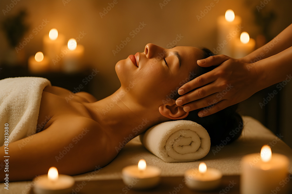 custom made wallpaper toronto digitalSerene woman experiencing ultimate relaxation during soothing spa massage with flickering candles creating tranquil ambiance