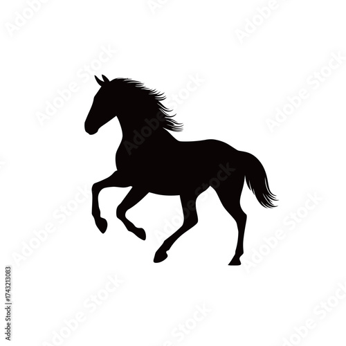 A black silhouette of a horse in full stride, showcasing its strength and grace. The animal is captured mid-run, emphasizing its lively movement and energy.