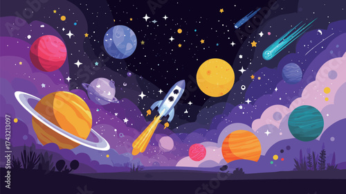 A rocket launches into a colorful galaxy, surrounded by various planets and twinkling stars. Bright comets streak across the dark sky, adding to the cosmic scene.