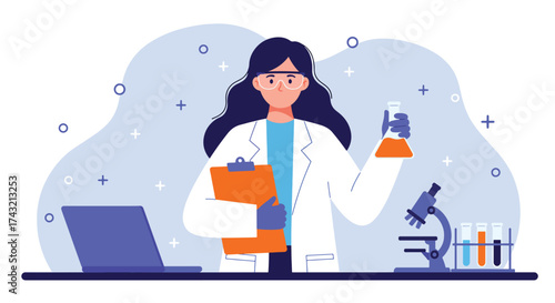 Female scientist in lab coat holding flask with microscope and laptop.