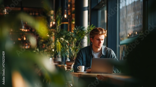 Young business woman smiling and working on her laptop in a city cafe