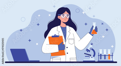 Female scientist in lab coat holding test tubes and clipboard.