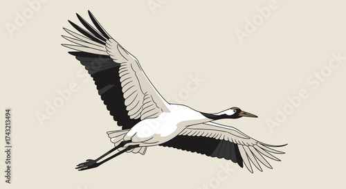 Graceful red crowned crane soaring through a pastel sky during flight.