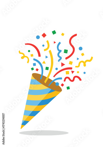 Festive party popper exploding with colorful confetti 