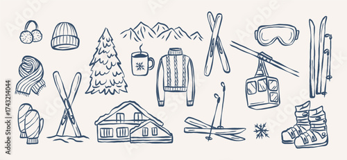 Hand drawn doodle ski essentials collection. Winter activities